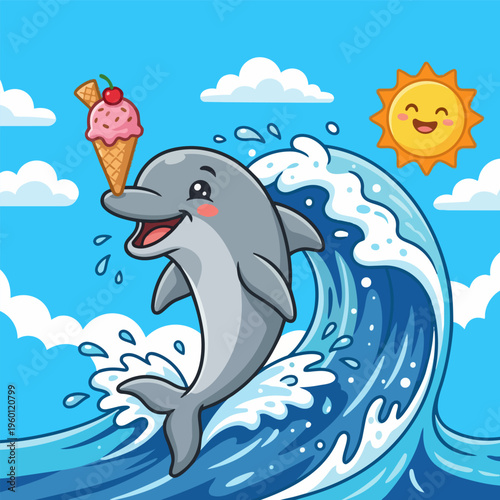 A happy cartoon dolphin leaps from an ocean wave, balancing a delightful ice cream cone on its nose beneath a bright sun, creating a playful and sweet summer scene