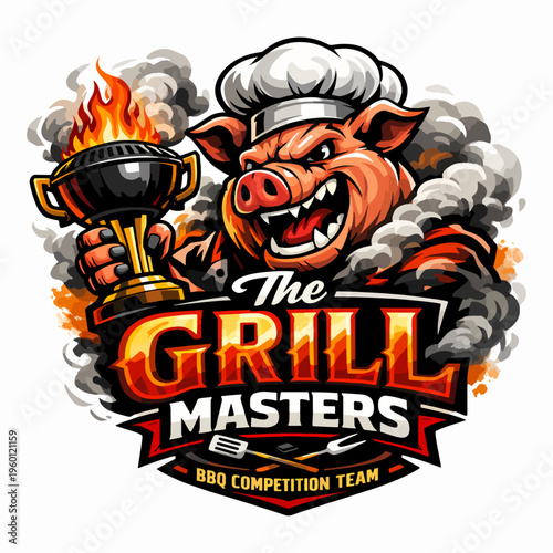 The Grill Masters Barbecue Competition Emblem Featuring Fierce Pig Chef With Flame Torch In Bold Fiery Vector Logo Design Celebrating Culinary Passion And Outdoor Cooking