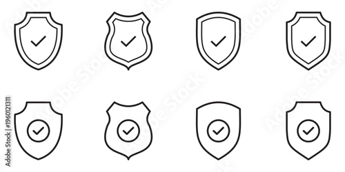 Security shield with checkmark icon set. Protection and safe symbol for app, website or design element. Security shield protection icon with tick symbol vector.