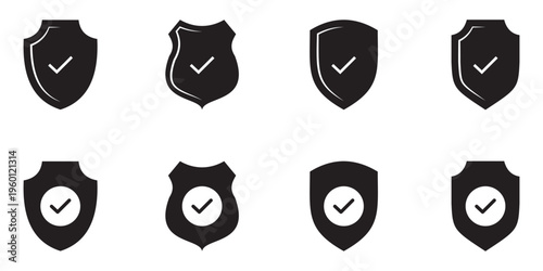 Security shield with checkmark icon set. Protection and safe symbol for app, website or design element. Security shield protection icon with tick symbol vector.