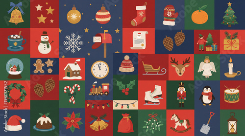 Seasonal holiday decorations with various symbols and items on a colorful background