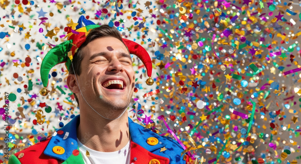 Fototapeta premium Joyful man celebrating with laughter and confetti in a colorful festive atmosphere, perfect for April Fool's Day and Laughter Day celebrations.