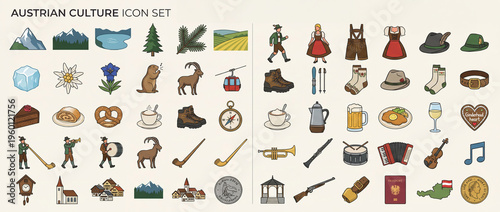 Icons representing Austrian culture with symbols of nature, traditional clothing, food, and activities displayed together on a light background