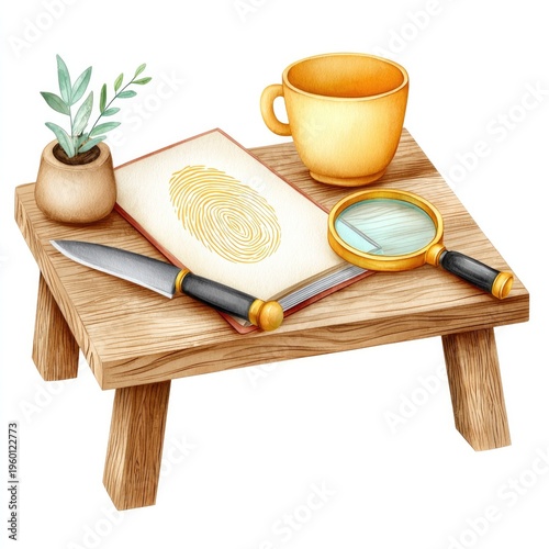 Watercolor cartoon clipart of evidence table with knife, magnifying glass, and fingerprint for detective mystery theme on white background