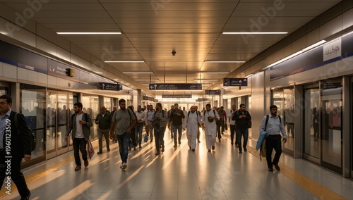 people go in the morning to work on the corridor of the metro station in the direction of Dubai Mall
