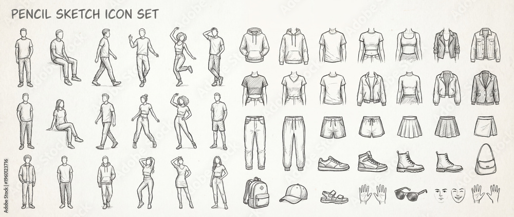 Fototapeta premium Sketches of people and clothing styles in simple designs for various activities and occasions