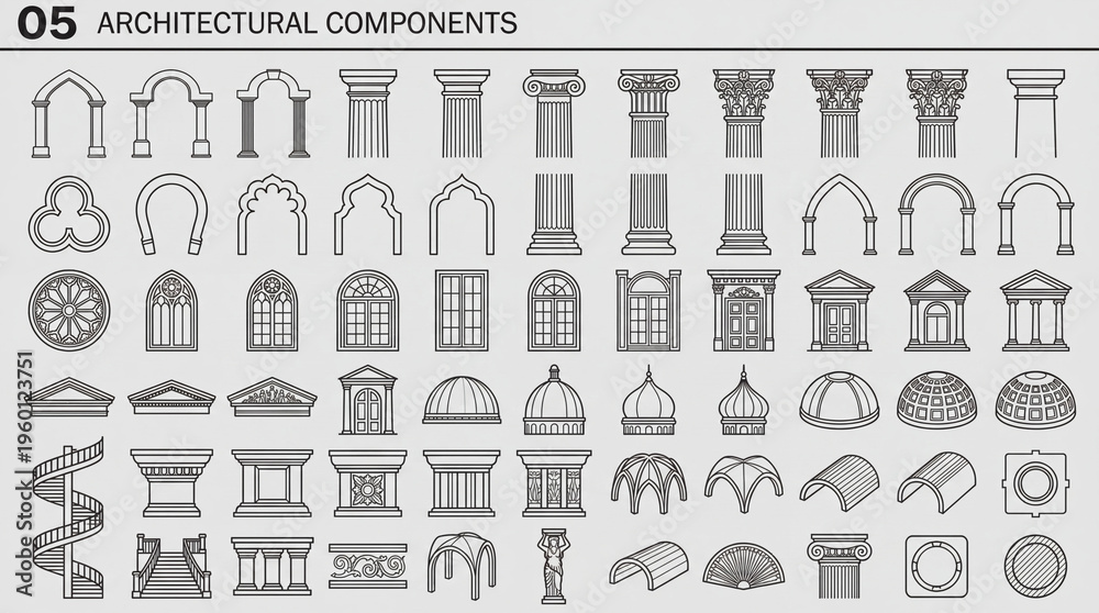 Naklejka premium Different types of architectural components featuring various columns, arches, and domes displayed in a detailed manner