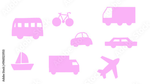 Transparent Background: Pink Transportation Icons Set Including Bus, Car, Truck, Airplane, Bicycle, and Sailboat Silhouettes Isolated on White