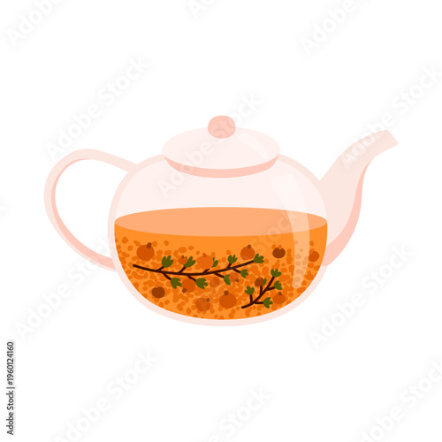 Teapot with herbal tea with sea buckthorn. Tea party. Traditional drink. Poster. Healthy and relaxing tea. Vector illustration isolated on white background.
