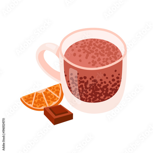 Cup with aromatic hot black tea with chocolate and slices of oranges. Tea time. Traditional drink. Healthy and relaxing tea. Vector illustration isolated on white background.