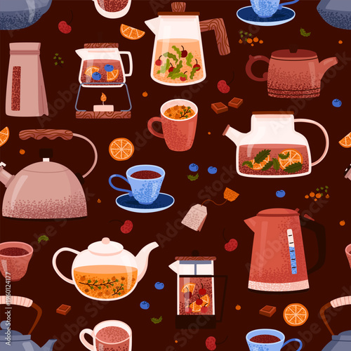 Seamless pattern of aromatic hot black and herbal teas with berries. Tea party. Traditional drink. Healthy and relaxing tea. Vector illustration.