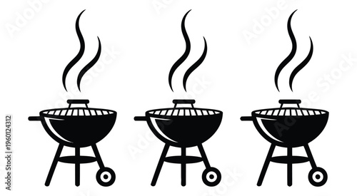 Three black silhouette grills with rising smoke, simple graphic design, vector illustration for BBQ, cooking, and outdoor food-themed
