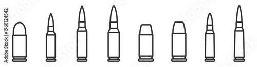 set of various rifle and pistol bullet icons lineart style on transparent background