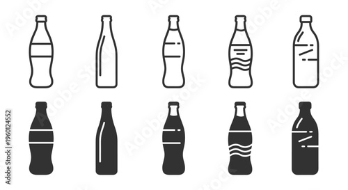 Set of outlined and solid soda bottle icons in vector style illustration on transparent background