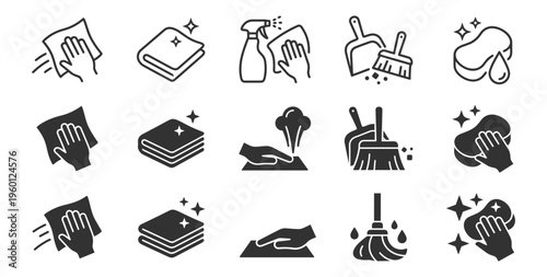 Cleaning icons set, isolated cleaning tools and actions, wipe, spray, broom, sponge, cloth, dustpan, steam, cleaning concept on transparent background