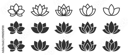 lotus flower icon set outline and solid style vector illustration on transparent background
