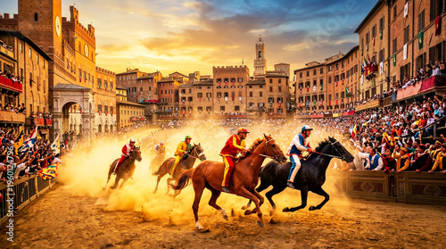 Jockeys race horses across siena piazza at sunset. Crowds cheer from stone balconies and wave flags