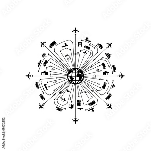 Black silhouette illustration of global travel and transportation icons radiating from the earth