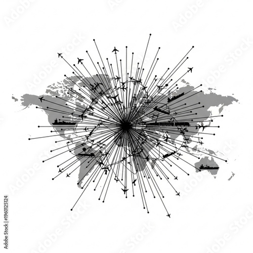 Black silhouette illustration of global travel and transportation network with planes and lines on world map