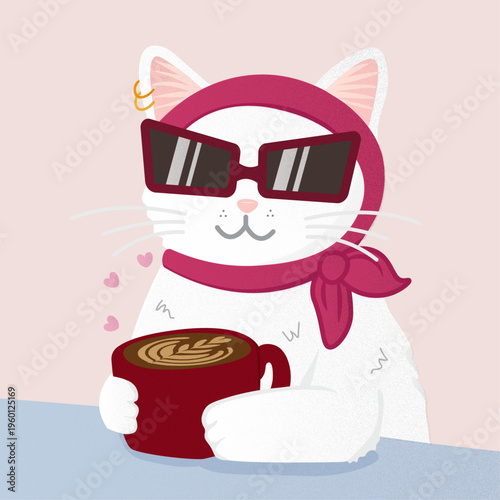 White lady cat with coffee