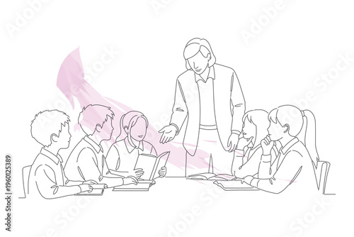 Continuous line drawing of a business meeting with a presenter and attentive team members, minimalist style illustration.