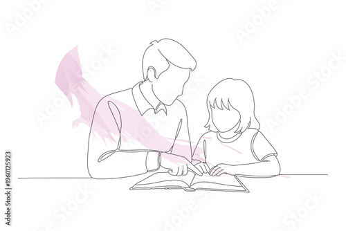 Continuous line drawing of a father and daughter reading together, minimalist one line art illustration for heartwarming family concepts.