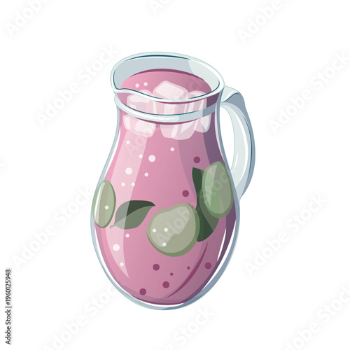 A clear pitcher filled with a pink drink is on display with ice and fruit visible inside during warm weather