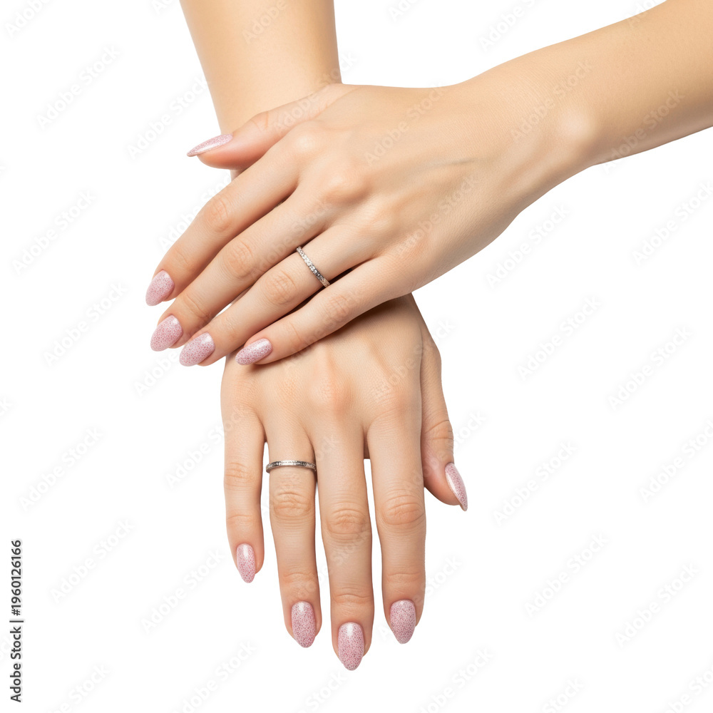Naklejka premium slender female hands with flawless skin and a pale rose micro-glitter manicure, adorned with a delicate silver band, isolated on transparent in macro detail, evoking high-end beauty and self-care