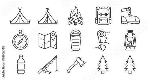 Camping icons and travel symbols.