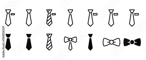 Tie and bow tie icons, various styles including striped and solid, vector illustration for fashion, formal wear, and clothing accessory design