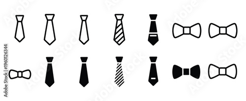 Tie and bow tie icons, various styles including striped and solid, minimal line art vector collection for apparel