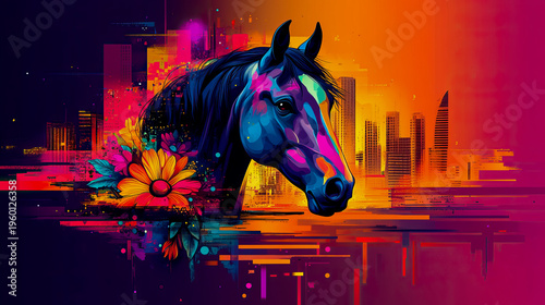 Electric Equine Urban Bloom: breathtaking abstract horse portrait, vividly colored with neon blues, purples, and pinks, adorned with vibrant flowers against dynamic, glitch-art cityscape backdrop in r