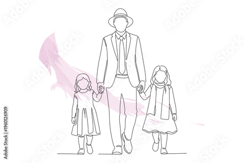 Elegant Continuous Line Drawing of a Father Walking with Two Daughters, Minimalist One Line Art Family Portrait
