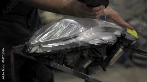 A man polishes a headlight from a car in a car service.