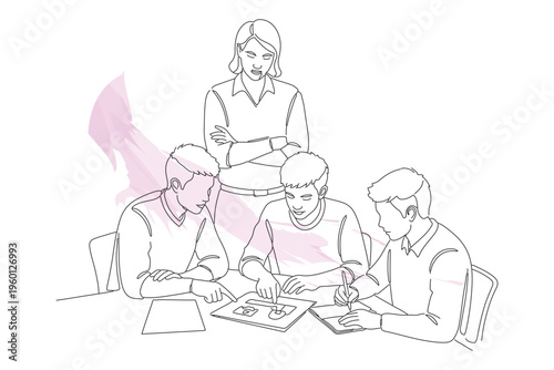 Frustrated Manager Scolding Team in Meeting - Continuous Line Drawing Style Illustration