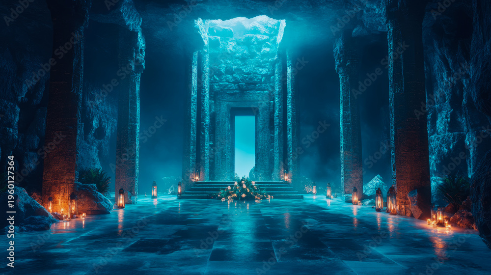 Naklejka premium Mysterious ancient cavern entrance illuminated by ethereal blue light and warm lantern glow, setting dramatic and sacred tone for unknown passage