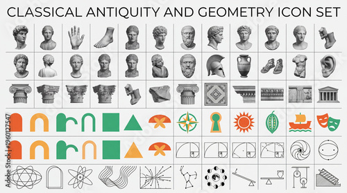 Set of icons displaying classical antiquity symbols and geometric shapes for design projects or educational use