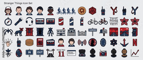 Stranger Things icon set showing various symbols, characters, and items related to the popular TV show