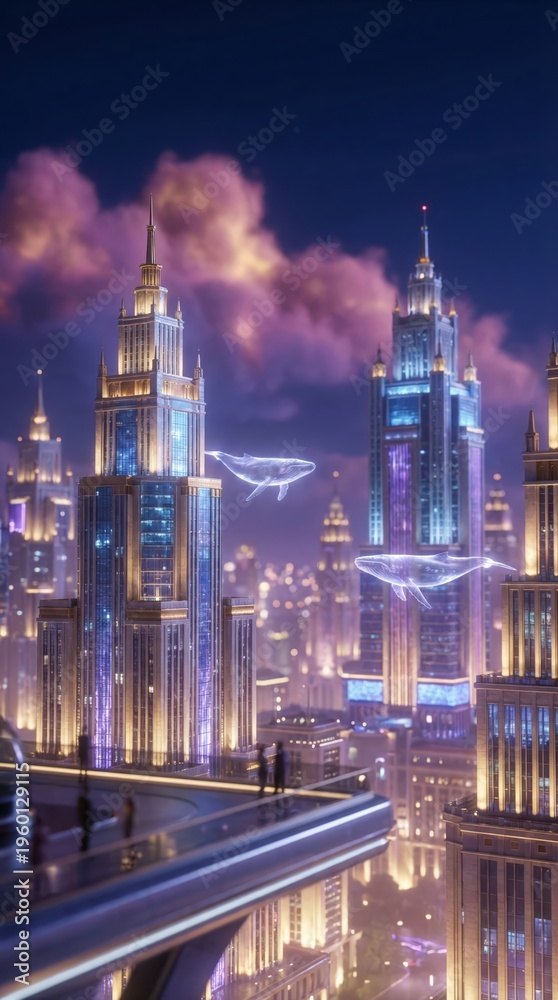 Naklejka premium Modern urban panorama displaying illuminated skyscrapers under purple clouds and ethereal, glowing whales floating through the air