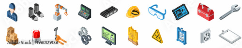 Collection of Isometric Industrial Icons for Factory, Manufacturing, and Safety, Including Tools, Equipment, and Personnel.