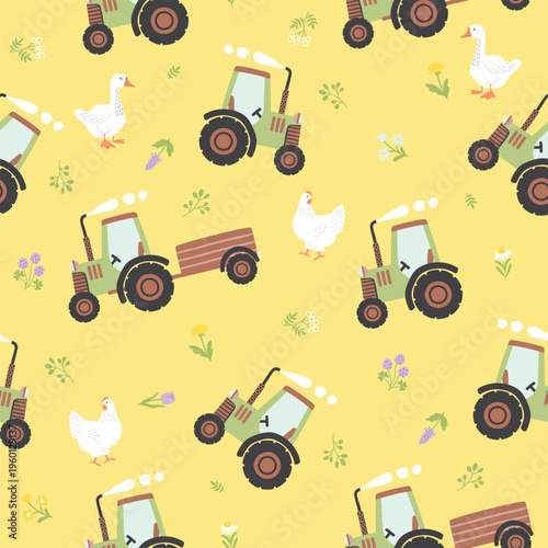 Rural seamless pattern with tractor, chicken and goose, meadow flowers. Hand drawn cartoon farm birds and transport. Yellow, brown, green, blue colors. Vector print on fabric, endless  wallpaper.