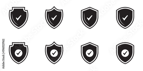 Shield check mark icon or security shield protection icon with tick symbol. Security shield icons set checkmark success . Clipart, logo template. Vector icon set