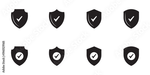 Shield check mark icon or security shield protection icon with tick symbol. Security shield icons set checkmark success . Clipart, logo template. Vector icon set