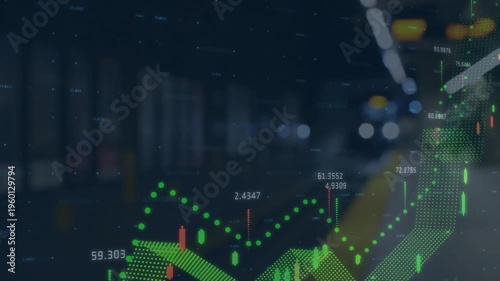 Animation of multiple graphs with changing numbers, blurred train arrived at subway station