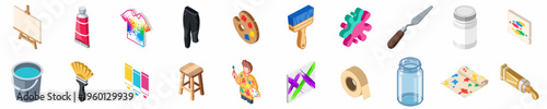 Isometric Art and Painting Supplies Icon Set Featuring Artist, Easel, Brushes, Paints, and Studio Equipment for Creative Design Projects.