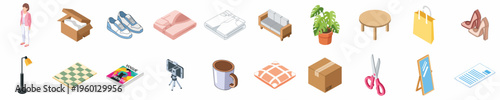 Isometric collection of fashion, lifestyle, and home decor items including clothing, furniture, and e-commerce shipping boxes for blogging and retail concepts.