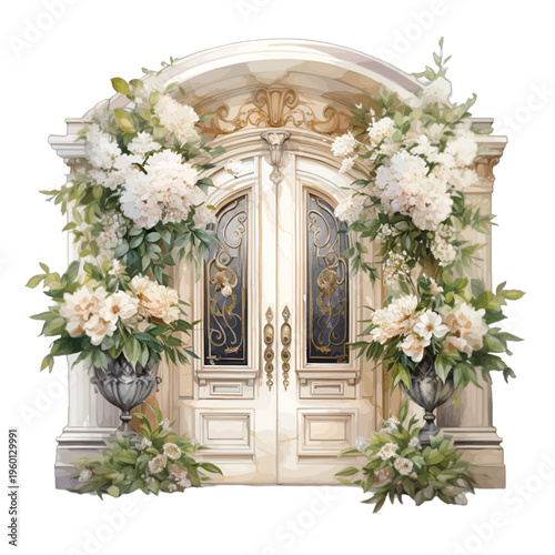 Watercolor ornate white double doors with white floral urns and archway
