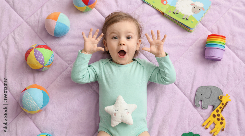 Naklejka premium Surprised baby lying on a purple blanket surrounded by toys