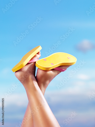 Legs of woman in yellow flip flops lying on the beach under blue summer sky