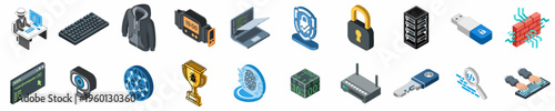 Isometric Cybersecurity and Hacking Icons Set Featuring Various Computer Technology Security Tools and Programming Elements Isolated on White